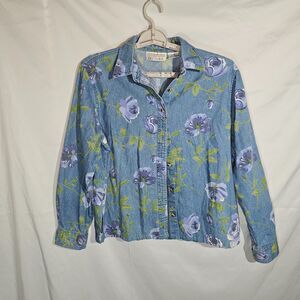 Casey & Max Vintage Floral Denim Button Down Shirt Chambray Blue Rose Size L